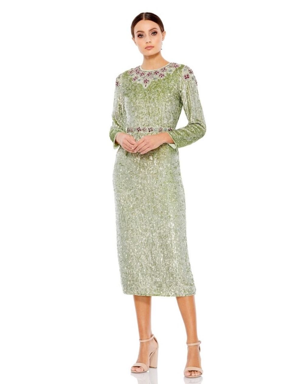 NWT MAC DUGGAL Sage Floral 93568 Long Sleeves Sequin Beaded Midi Dress Size 12